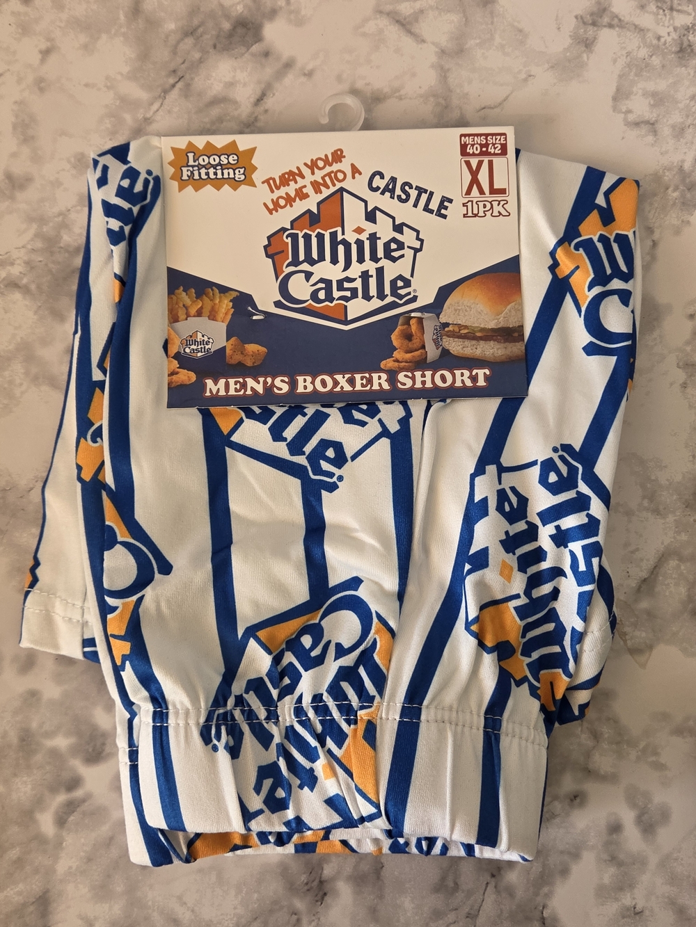 White Castle Men’s Boxer Shorts – XL White with Blue & Gold Logo Print
